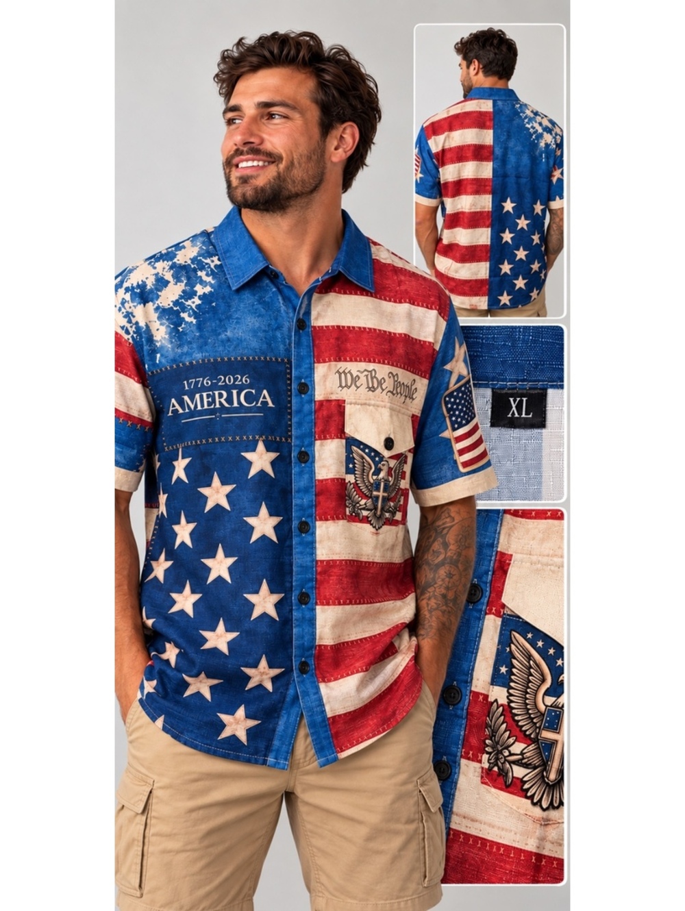 America 1776 2026 Patriotic Patchwork Short Sleeve Button Shirt Size XL